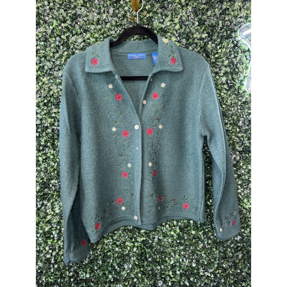 Karen Scott sport embroidered Christmas wool cardigan green button-up Size M